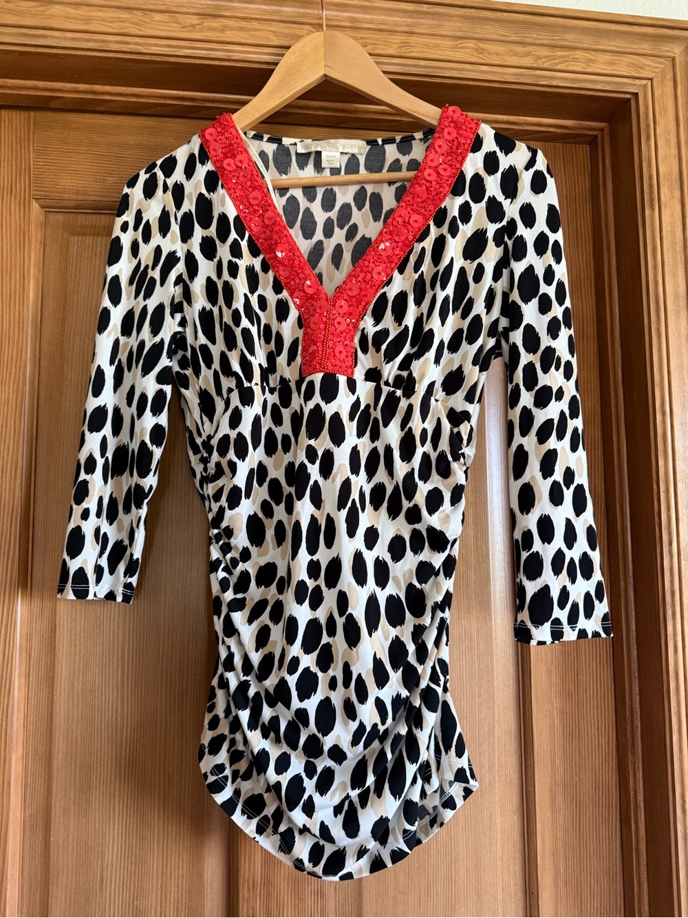 Boston Proper Black & White Spot V-Neck Top with Red Trim